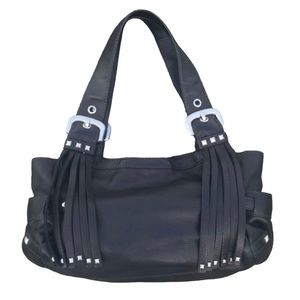 Stuart Weitzman  large black genuine leather handbag fringe detail